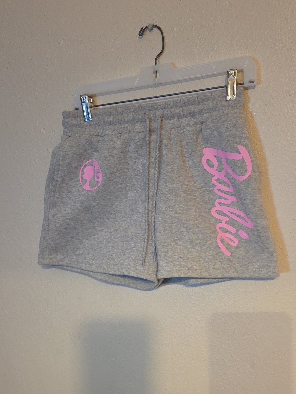 Barbie Light Gray Athletic Shorts with Pink Logo Sz M Drawstrings